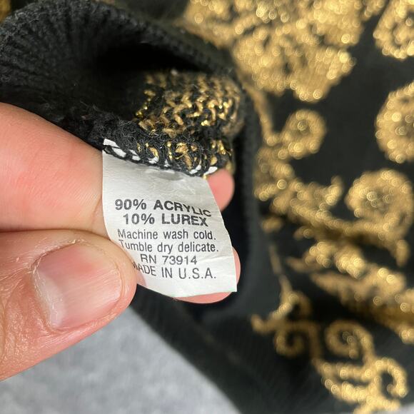 Alfred Dunner Sweater Womens Petite L Black Gold Floral Baroque Knit Vintage - Picture 5 of 7